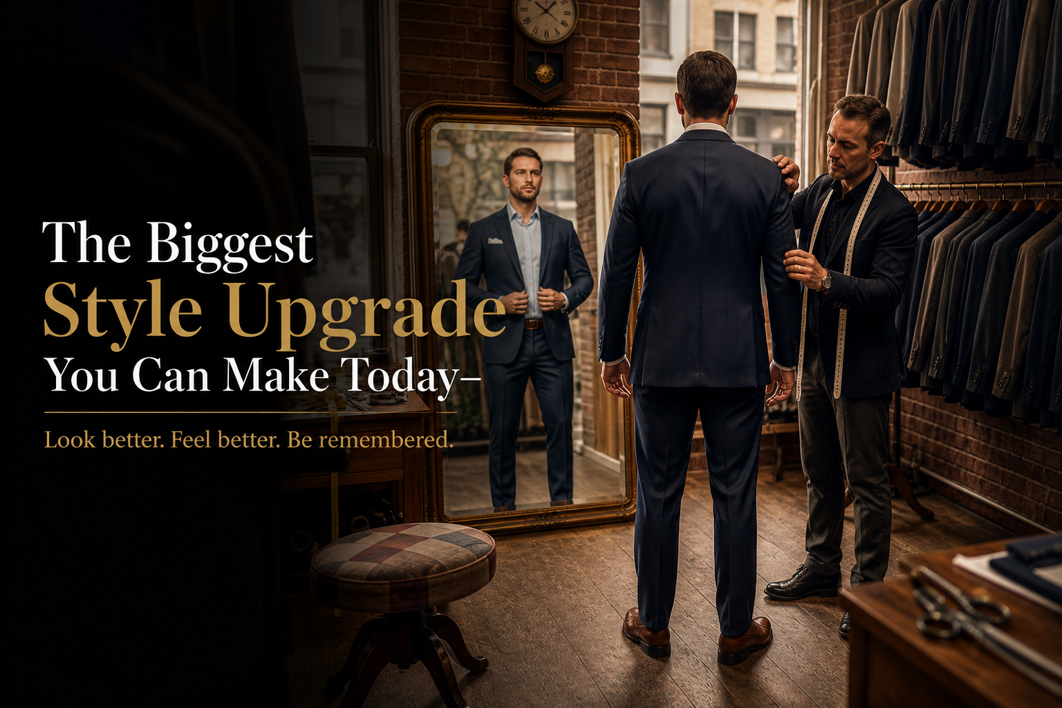 Tailor adjusting a man’s suit in front of a mirror showing perfect fit transformation in a tailoring studio