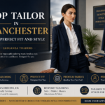 Professional tailor studio in Manchester with woman in tailored suit and bespoke clothing showcasing custom tailoring services