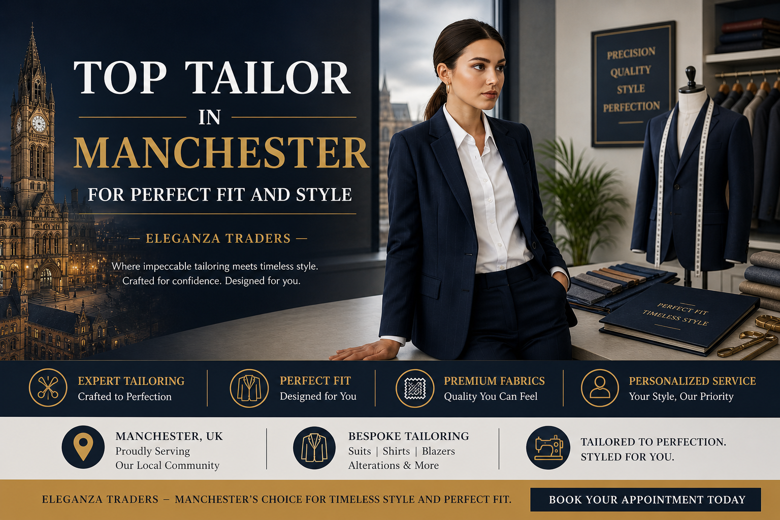 Professional tailor studio in Manchester with woman in tailored suit and bespoke clothing showcasing custom tailoring services