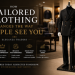 Luxury black tailored suit displayed in a premium fashion showroom representing confidence, elegance, and professional style