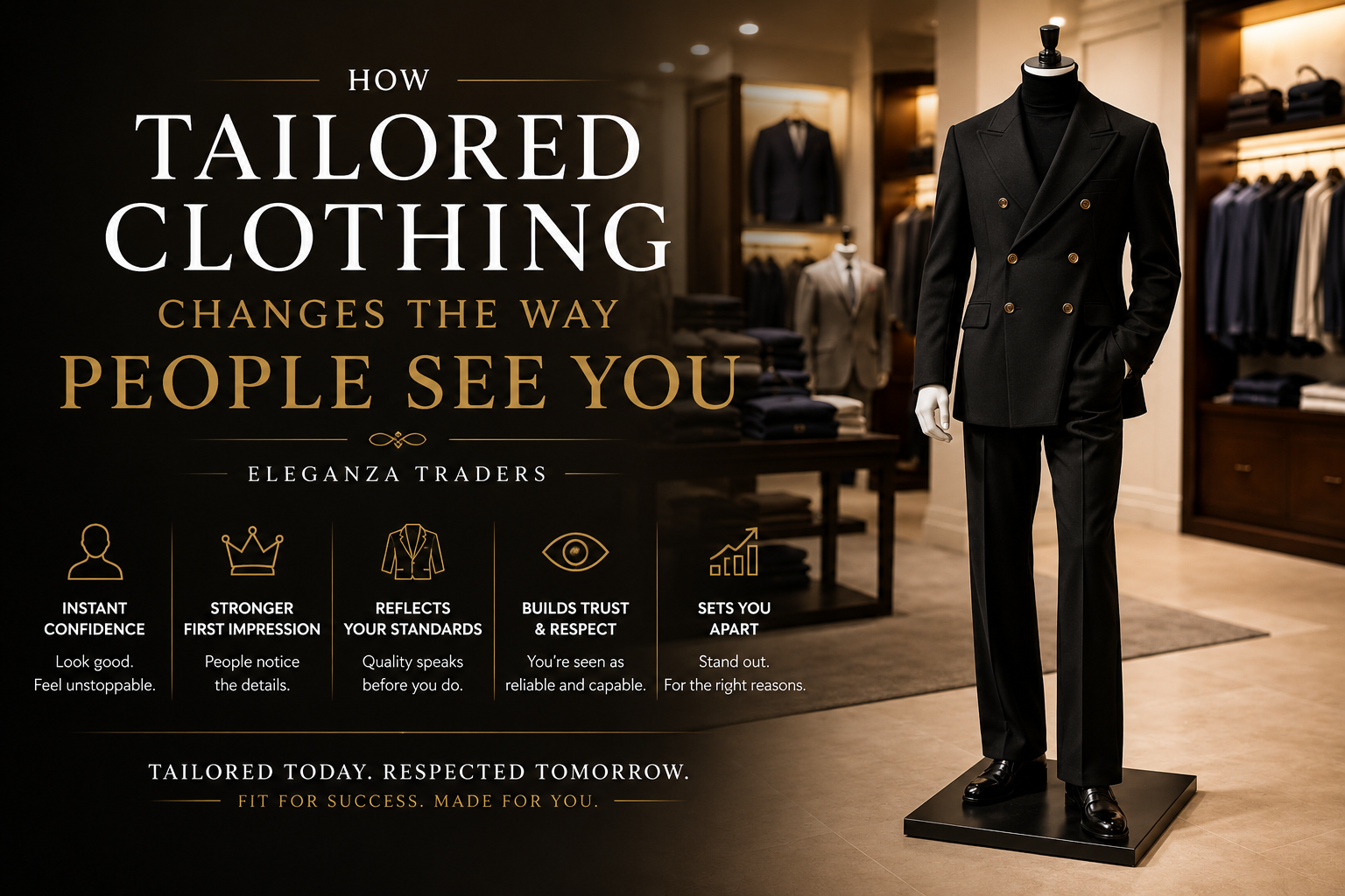 Luxury black tailored suit displayed in a premium fashion showroom representing confidence, elegance, and professional style