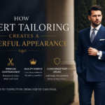 Man wearing a perfectly tailored navy blue suit representing expert tailoring, confidence, and modern professional style