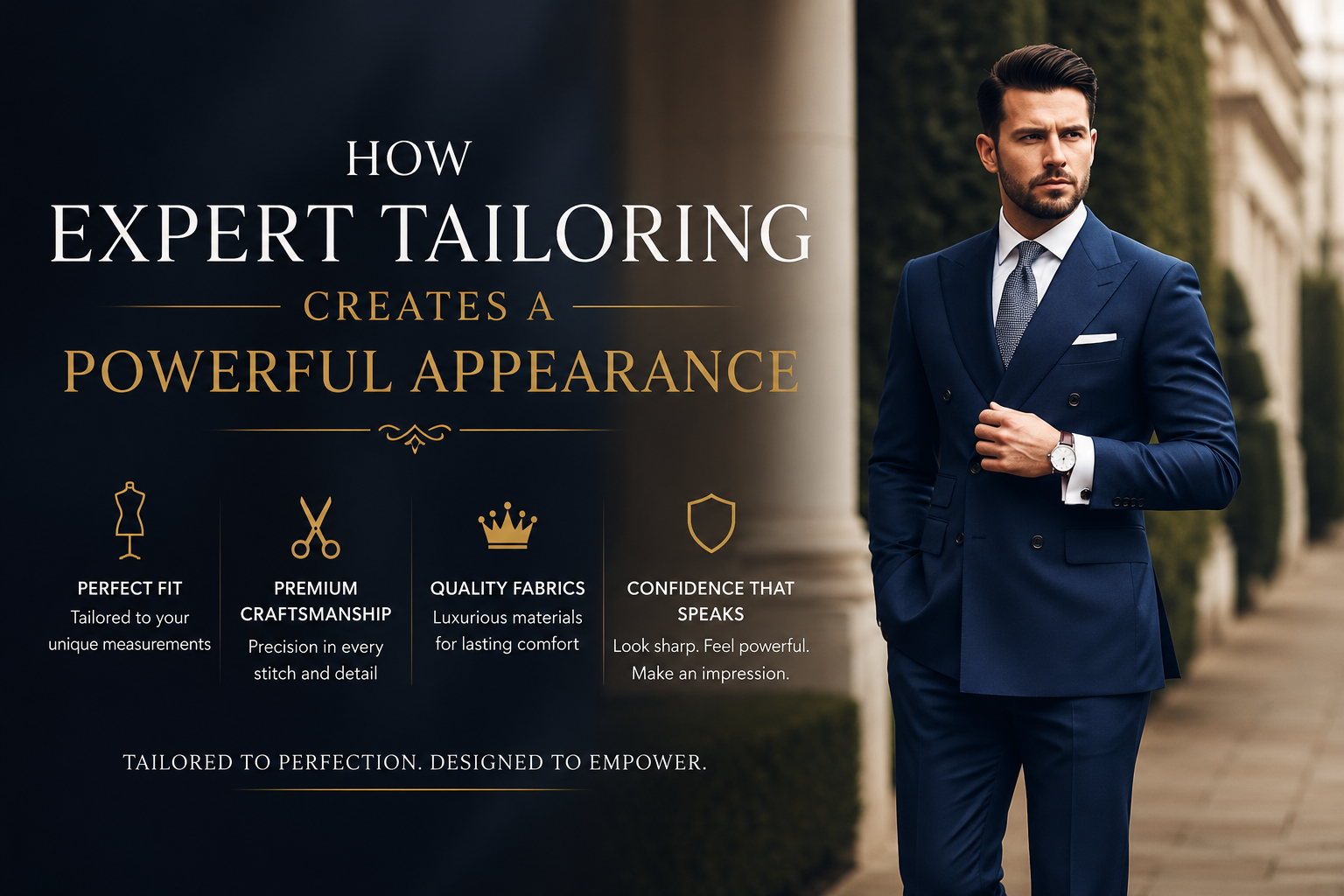Man wearing a perfectly tailored navy blue suit representing expert tailoring, confidence, and modern professional style