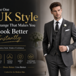 Man wearing a perfectly tailored grey suit showcasing modern UK style and confidence through custom tailoring