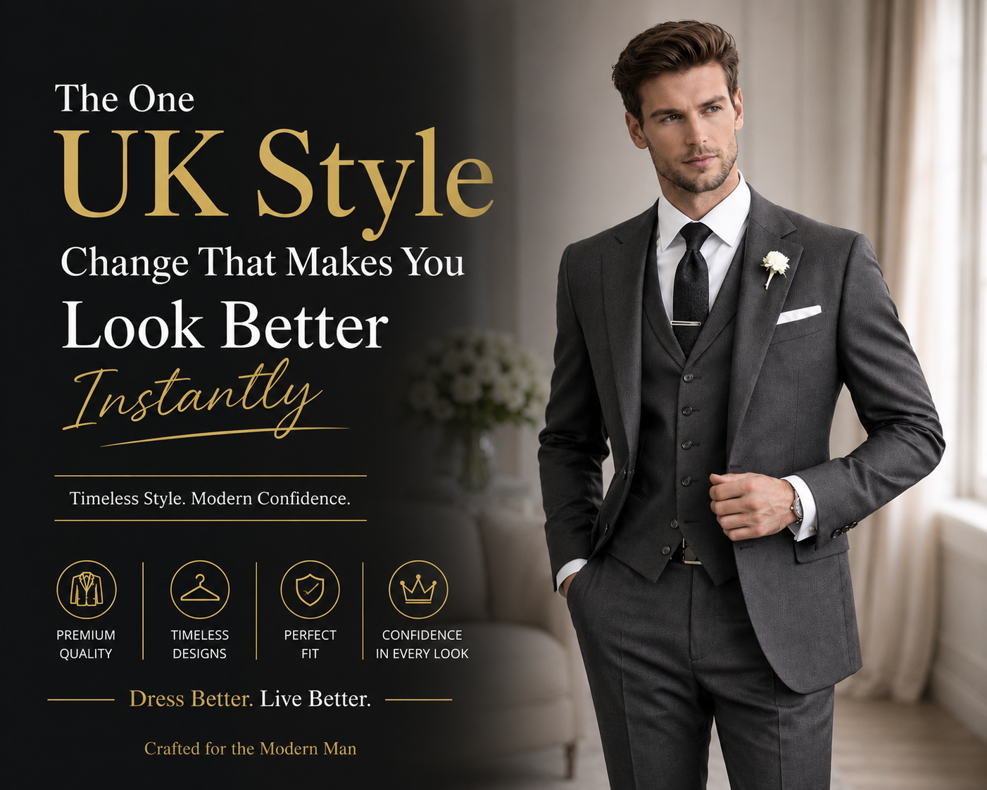 Man wearing a perfectly tailored grey suit showcasing modern UK style and confidence through custom tailoring