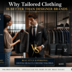 Comparison of tailored clothing vs designer brands showing custom fit suit and luxury branded shopping bags in a fashion store