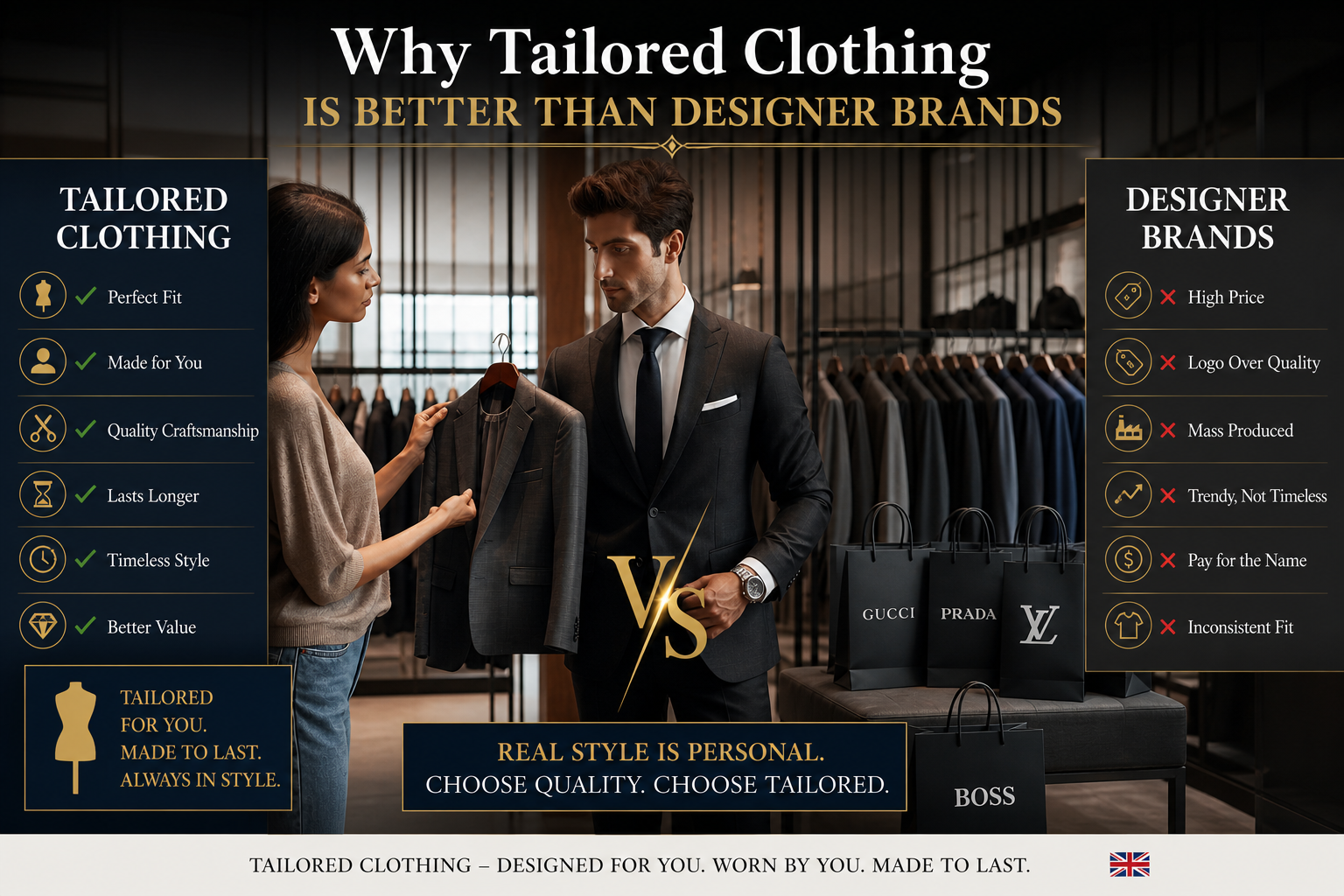 Comparison of tailored clothing vs designer brands showing custom fit suit and luxury branded shopping bags in a fashion store